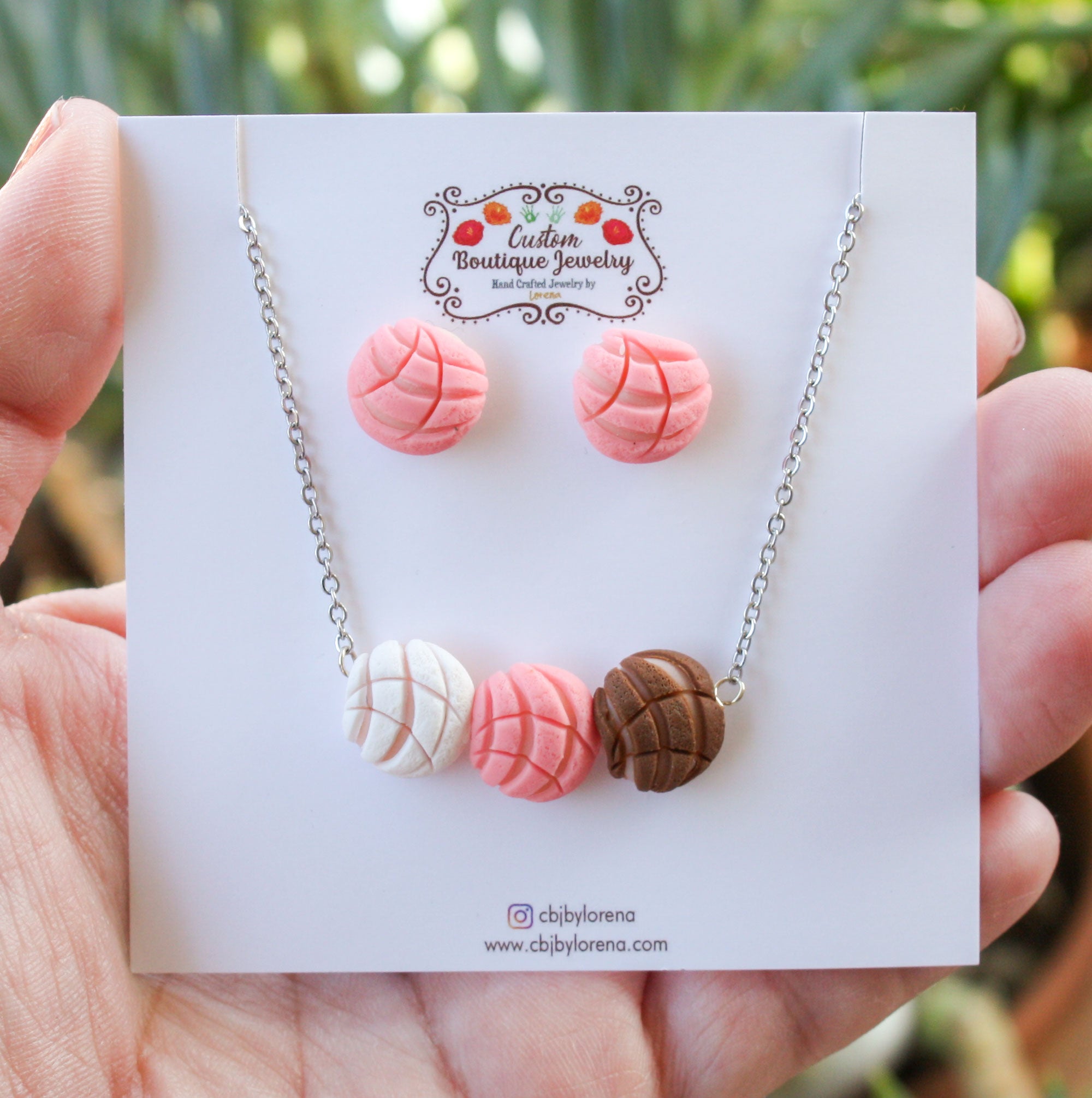 Polymer clay concha trio necklace and earring set: white, pink and brown